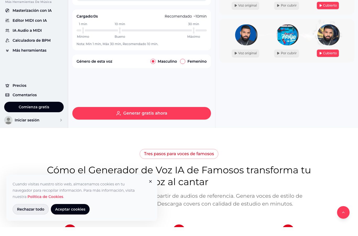 Capture del generador de voces de famosos de OpenMusic en español