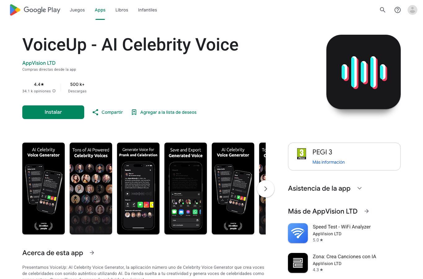 Capture de la ficha de Google Play de VoiceUp AI Celebrity Voice : 500 mil descargas y compras directas desde la app