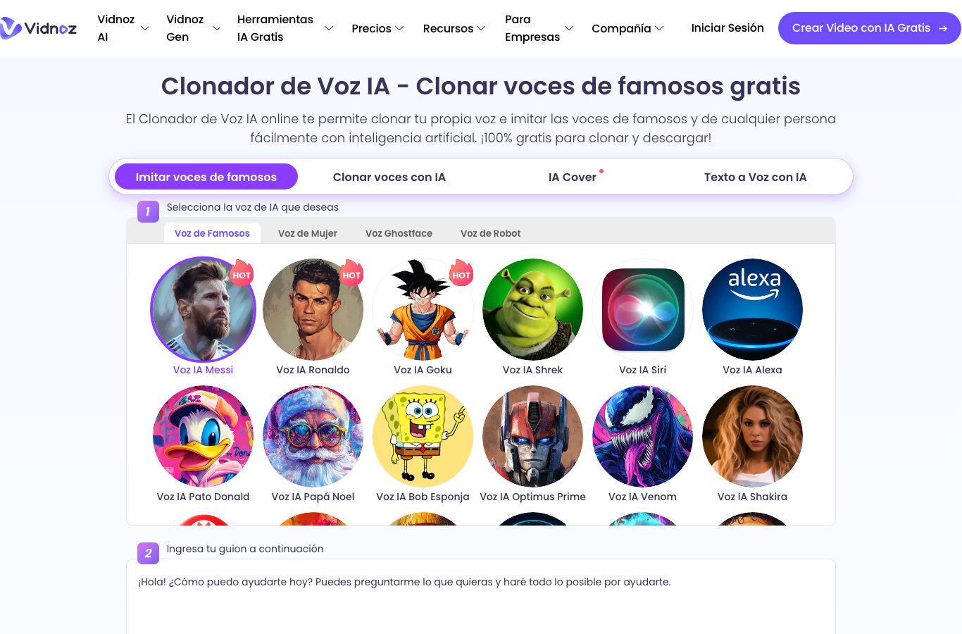 Capture del selector de voz de famosos de Vidnoz : Messi, Ronaldo, Shakira, Bob Esponja y otros