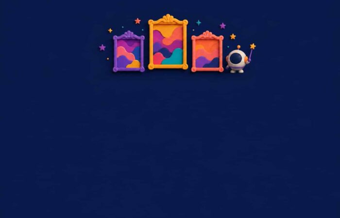 Tres marcos de imágenes de colores colocados como un podio y un pequeño robot con una varita mágica: ilustración 3D sobre un fondo azul marino