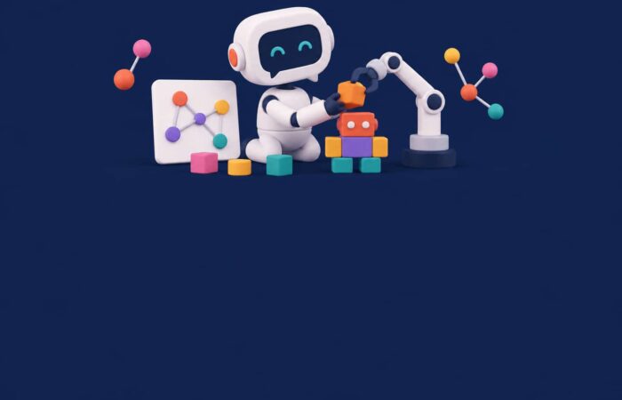 Ilustración 3D de un robot que construye un agente de IA con bloques de colores