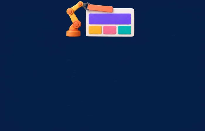 Crear un sitio web con IA: bloques de colores forman una maqueta de página dentro de un navegador, sobre un fondo azul oscuro