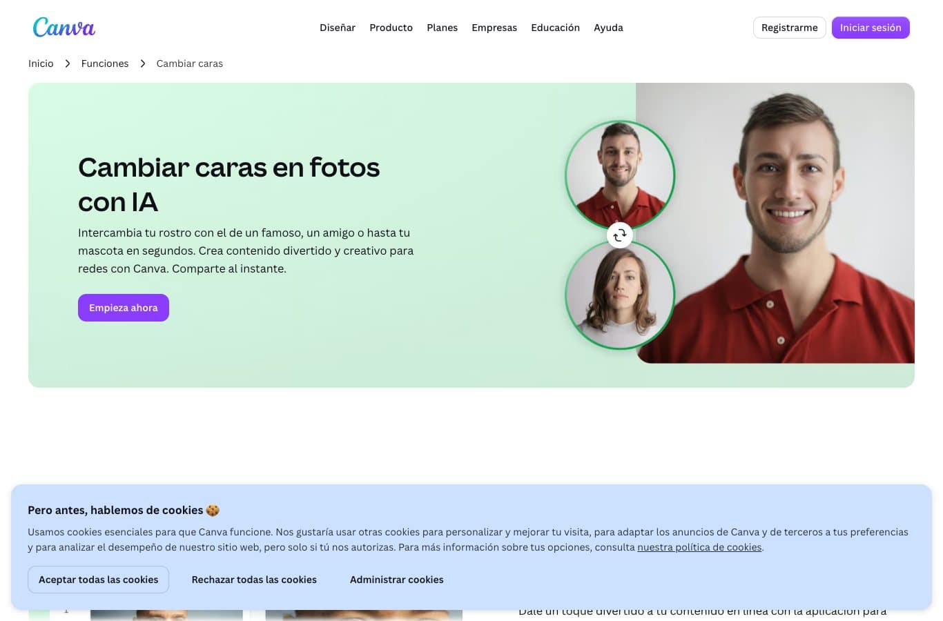 Capture de la pagina de Canva es_mx: cambiar caras en fotos con IA online