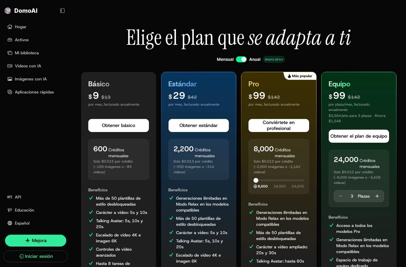 Capture de los planes de DomoAI en español: Básico 9 dólares al mes facturado anualmente, Estándar 29 dólares, Pro 99 dólares