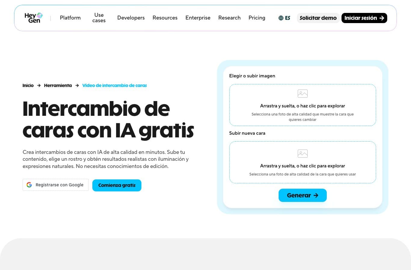 Capture de la herramienta HeyGen en español para el intercambio de caras en vídeo
