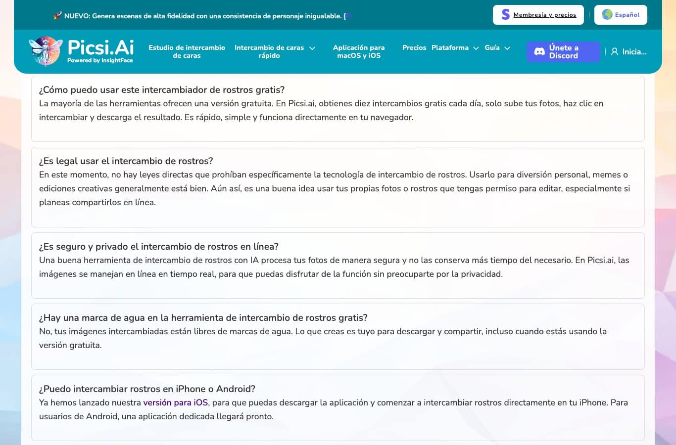 Capture de la FAQ de Picsi.Ai en español: diez intercambios gratis cada día y respuesta sobre la legalidad