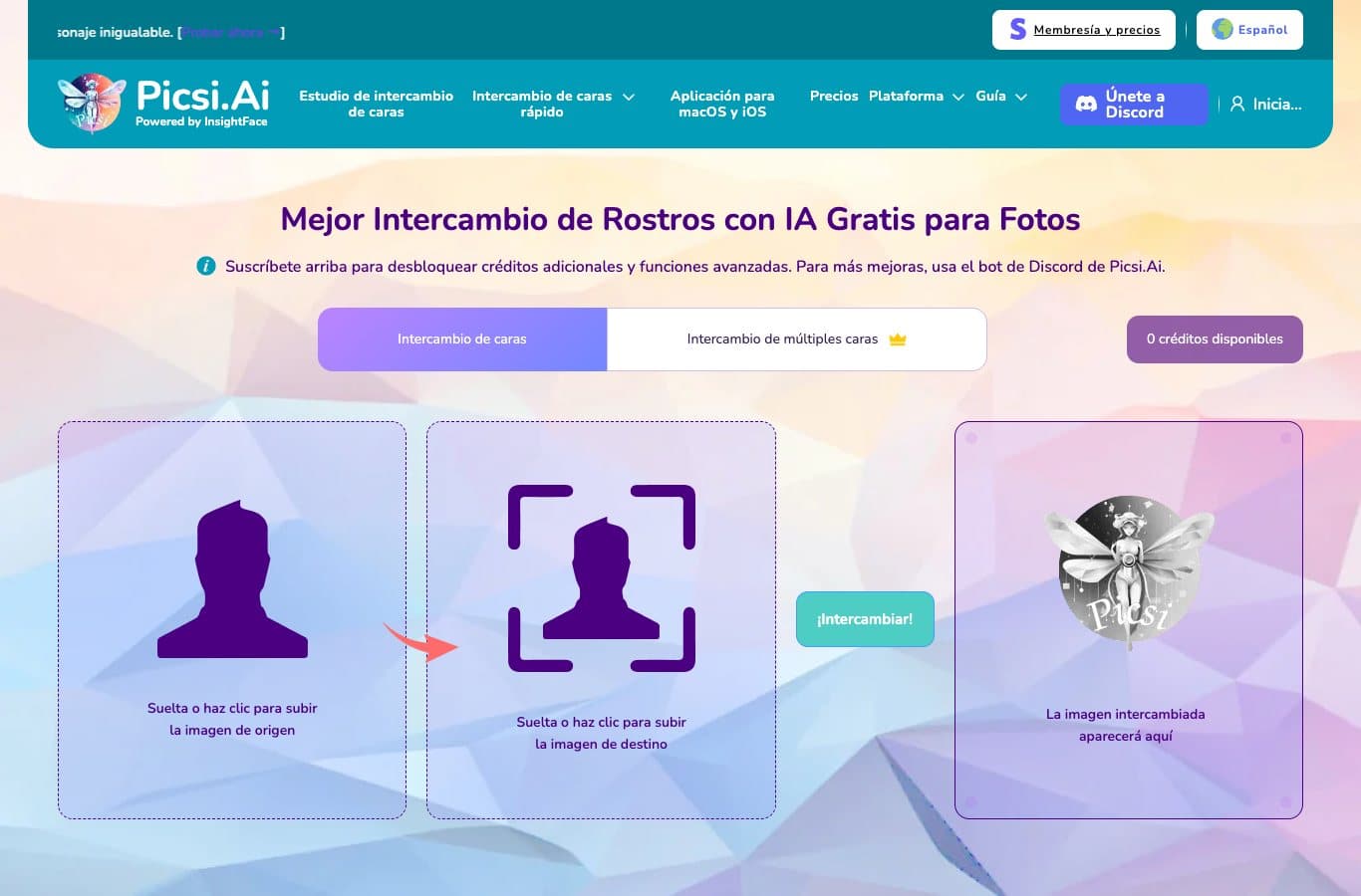 Capture del estudio de Picsi.Ai en español: zonas para soltar la imagen de origen y la de destino, botón de intercambio