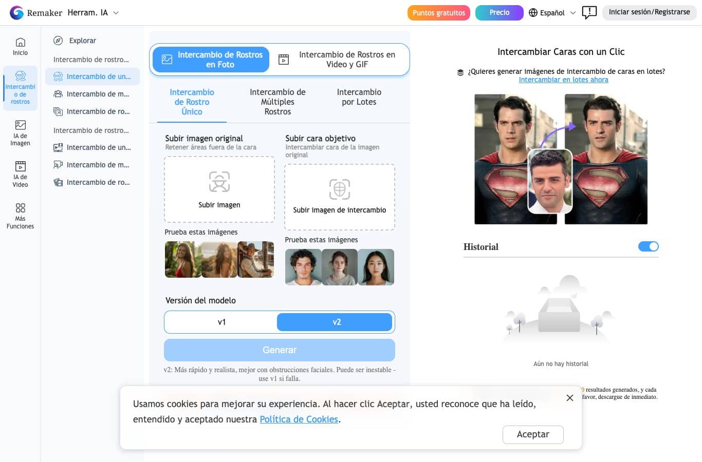 Capture de la interfaz de Remaker FaceVary en español: cambio de rostro único, multi-rostros y por lotes