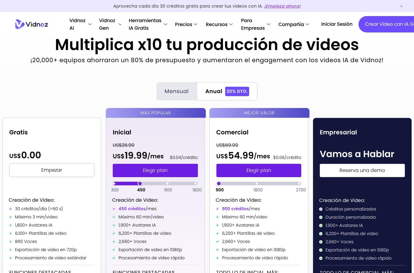 Capture de la página de precios de Vidnoz en español: plan gratis de 30 créditos al día, Inicial 19,99 dólares al mes, Comercial 54,99 dólares