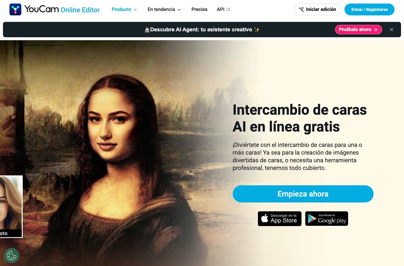 Capture de la página de YouCam en español: intercambio de caras AI en línea gratis, sin mención de créditos