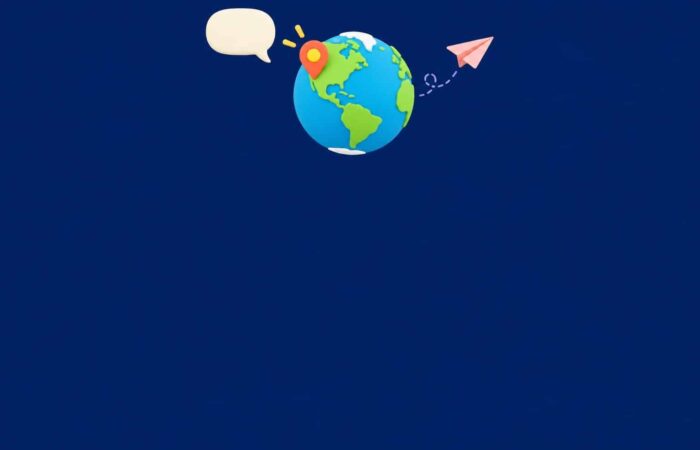 Globo terráqueo en 3D suave con un marcador en la costa oeste de Estados Unidos y una burbuja de conversación, sobre un fondo azul marino