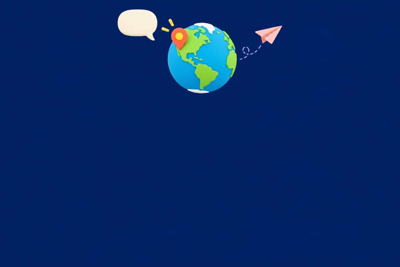 Globe terrestre en 3D doux avec une épingle posée sur la côte ouest des États-Unis et une bulle de discussion, sur fond navy