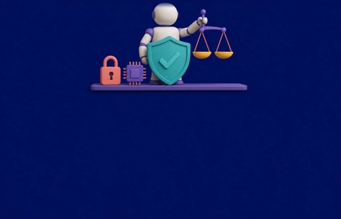 Ilustración de una IA ética y responsable: robot con una balanza de justicia ante un escudo, un candado y un chip, sobre un fondo azul marino