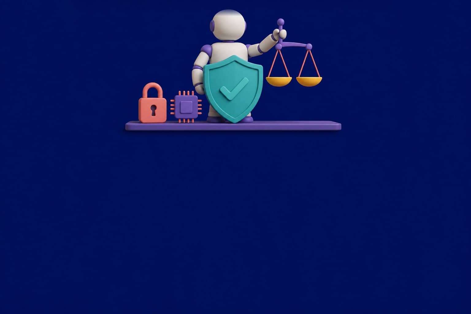 Illustration d'une IA éthique et responsable : robot tenant une balance de justice devant un bouclier, avec cadenas et puce, sur fond navy