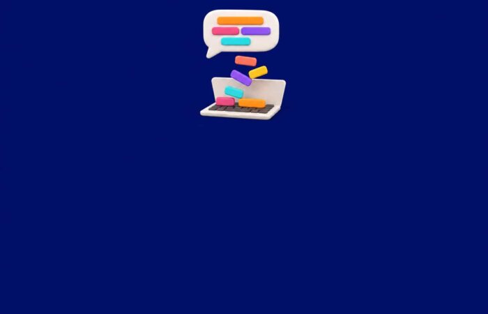 Ilustración 3D suave de una gran burbuja de conversación que vierte barras de texto de colores hacia el teclado de un portátil, sobre un fondo azul marino