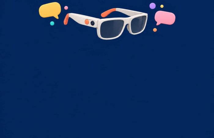 Ilustración 3D de gafas inteligentes con un asistente de IA y burbujas de conversación, sobre un fondo azul marino