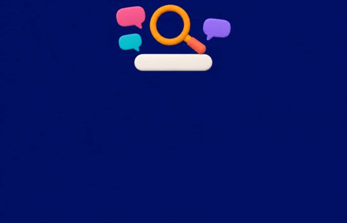 Ilustración 3D de una lupa sobre una barra de búsqueda rodeada de burbujas de conversación, sobre un fondo azul oscuro