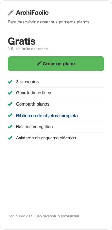 Columna gratuita de ArchiFacile: 3 proyectos, sin límite de tiempo, biblioteca de objetos completa, con publicidad