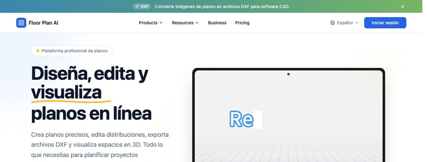 Página de inicio de Floor Plan AI en español con su promesa de planos con IA gratis en línea sin registro