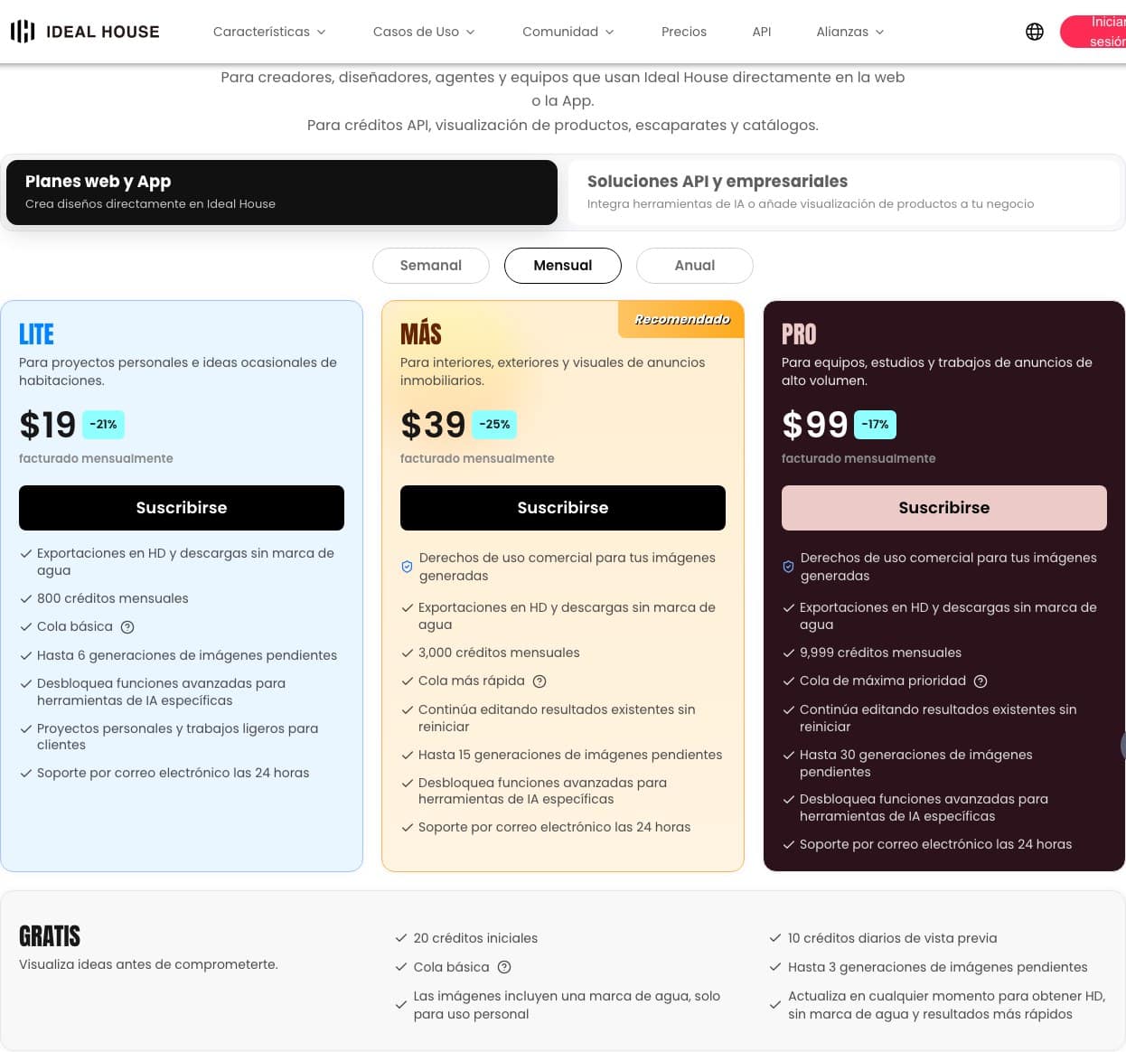 Tarjeta GRATIS de la tabla de Ideal House: 20 créditos iniciales, 10 créditos diarios de vista previa, imágenes con marca de agua y solo uso personal