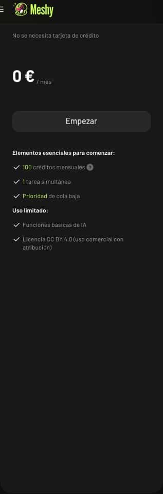 Tarjeta Free de la tabla de Meshy: 100 créditos mensuales, una tarea simultánea, prioridad de cola baja