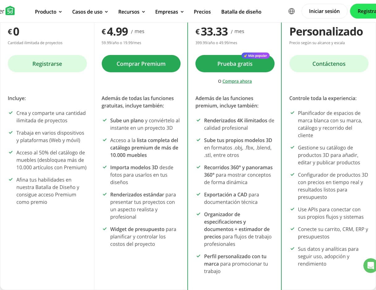 Tabla de precios de Planner 5D en español: plan Gratis con el 50 % del catálogo y plan Premium a 4,99 euros al mes con la subida de planos