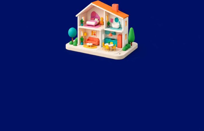 Ilustración de portada de una casa seccionada en 3D con habitaciones amuebladas, sobre un fondo azul oscuro