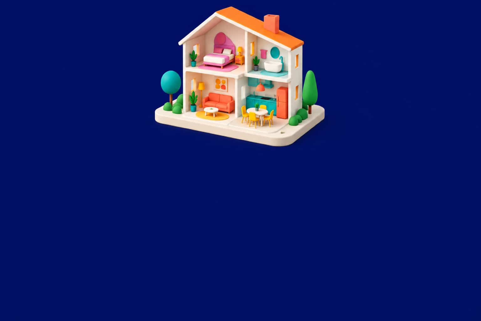 Illustration de une : maison en coupe en 3D avec ses pièces meublées sur fond bleu nuit