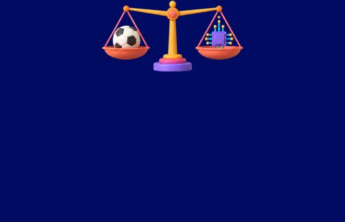 Pronóstico de IA a juicio: balanza en 3D que compara un balón de fútbol con un chip electrónico, sobre un fondo azul marino