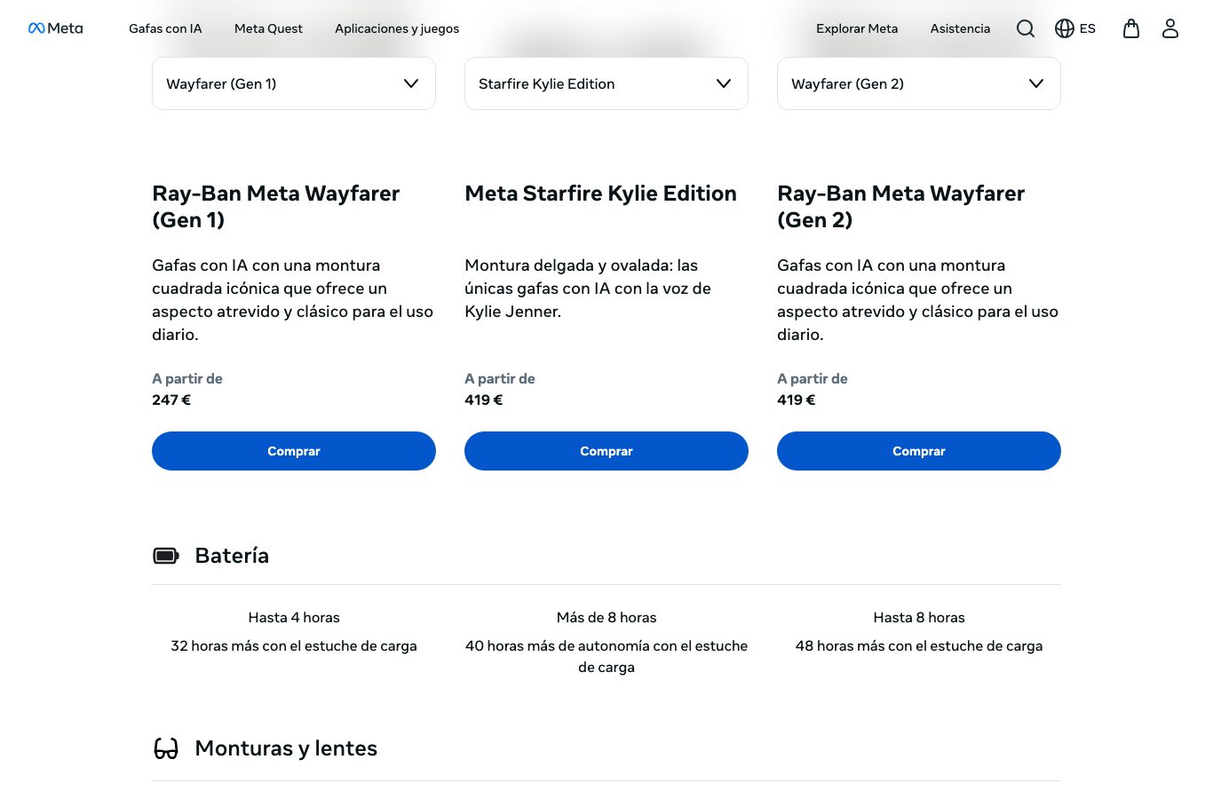 Captura del comparador oficial de Meta con Ray-Ban Meta Wayfarer Gen 1 por 247 euros y Gen 2 por 419 euros