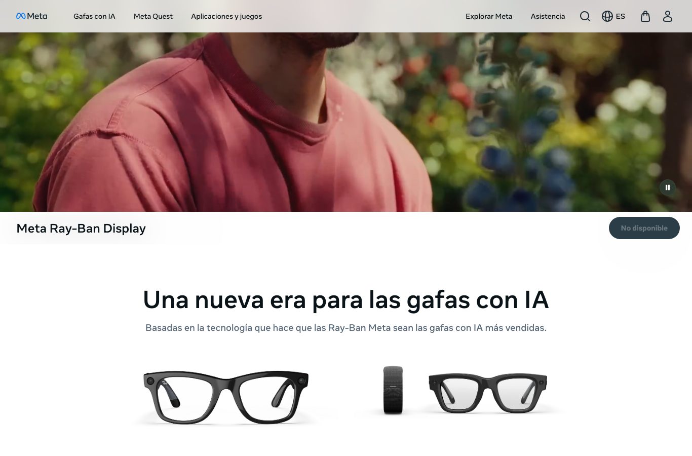 Captura de la página oficial de Meta Ray-Ban Display con el botón No disponible