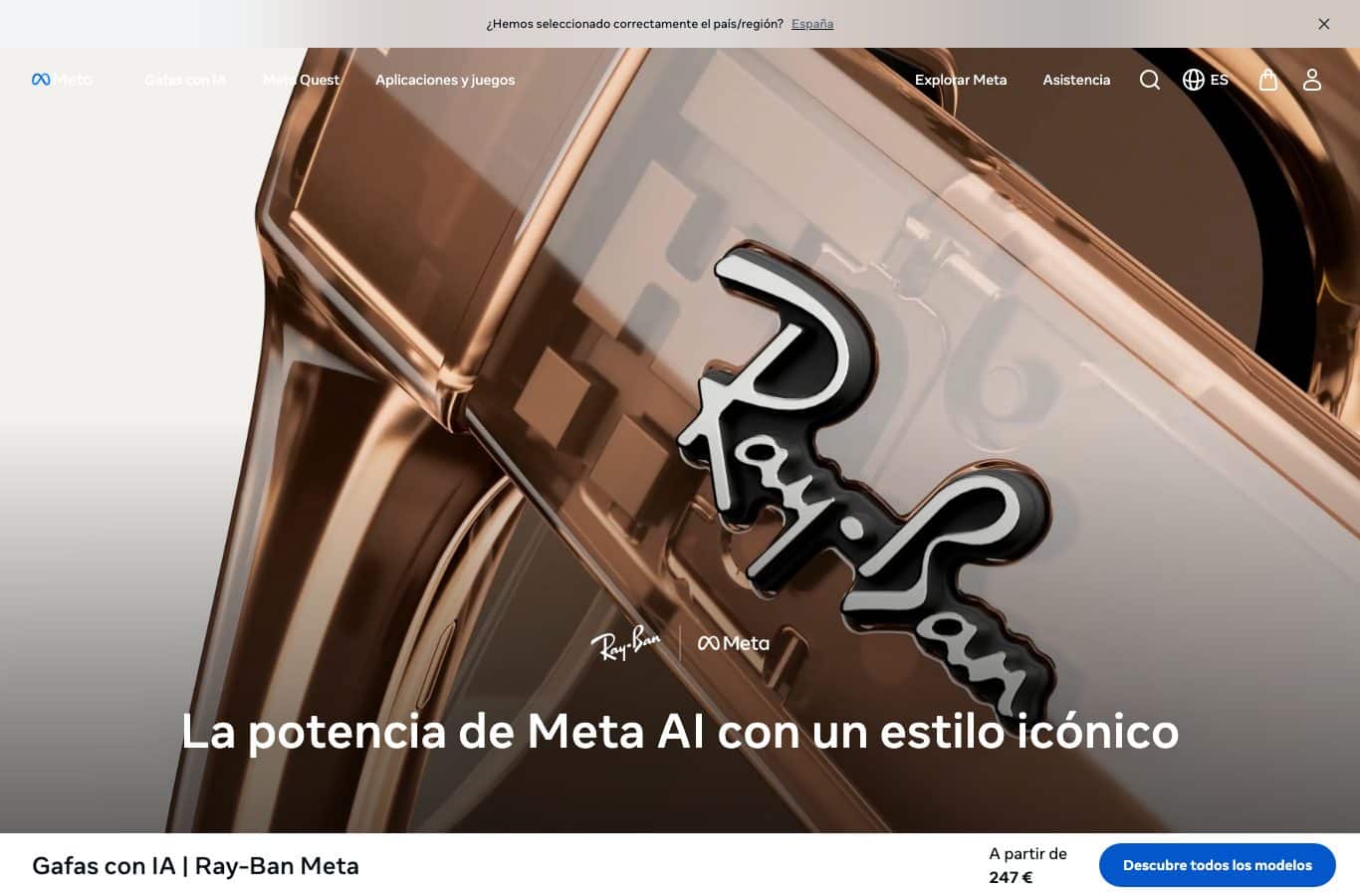 Captura de la página oficial de Ray-Ban Meta con un precio desde 247 euros