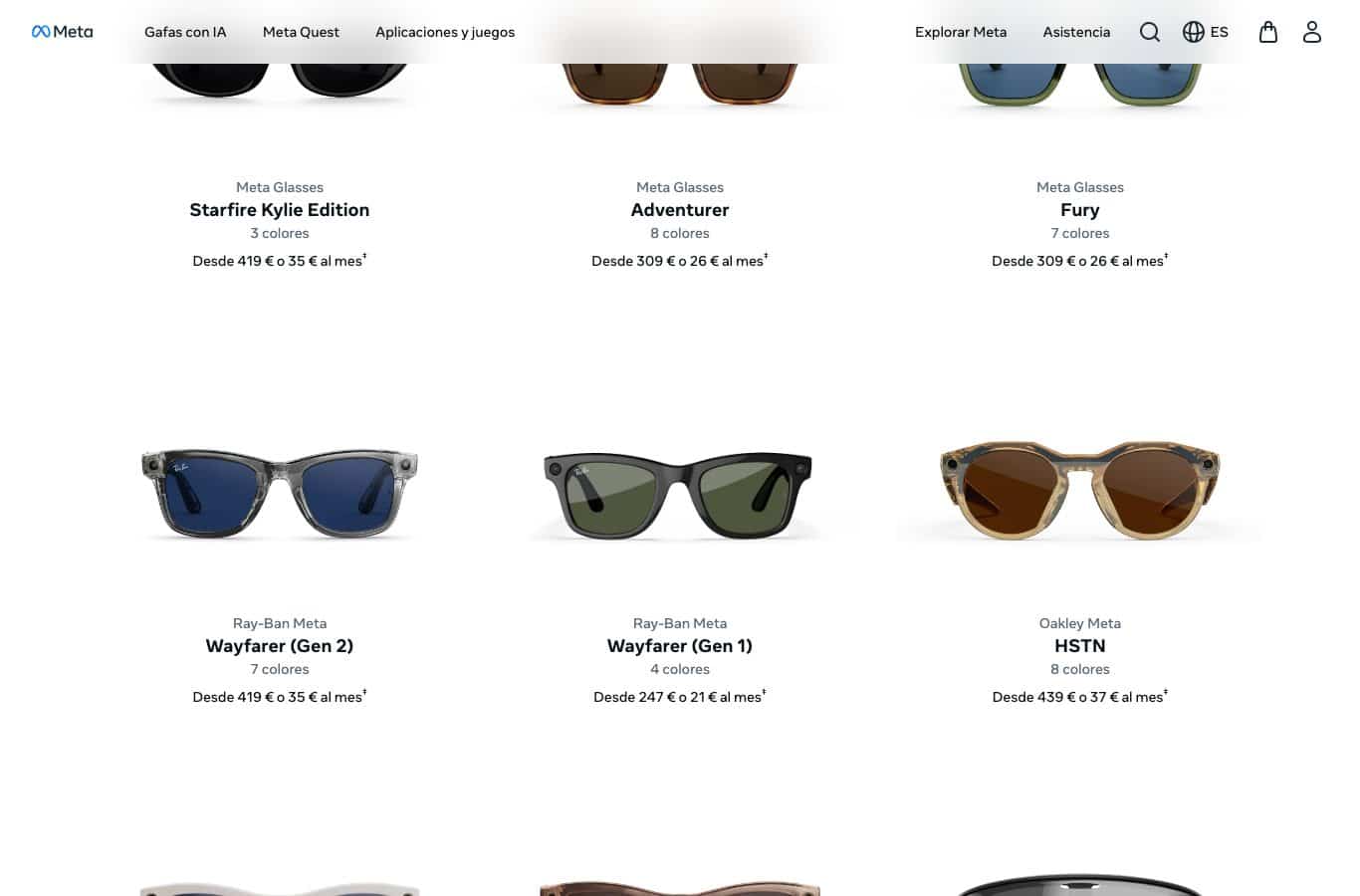 Captura de la tienda online de Meta con los precios de las Ray-Ban Meta Gen 1 y Gen 2 en euros