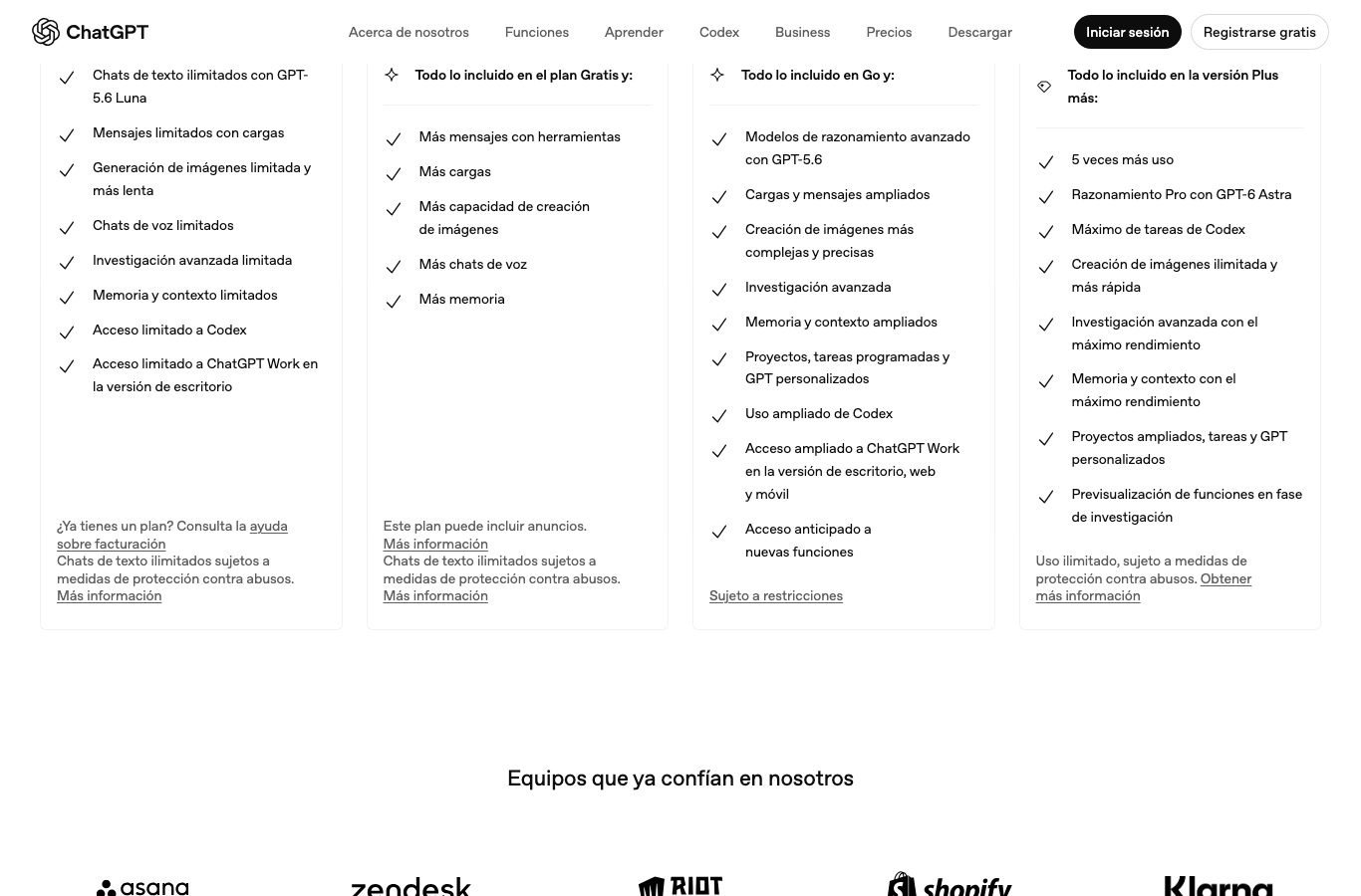 Pagina de precios de ChatGPT: la columna Plus anuncia proyectos, tareas programadas y GPT personalizados