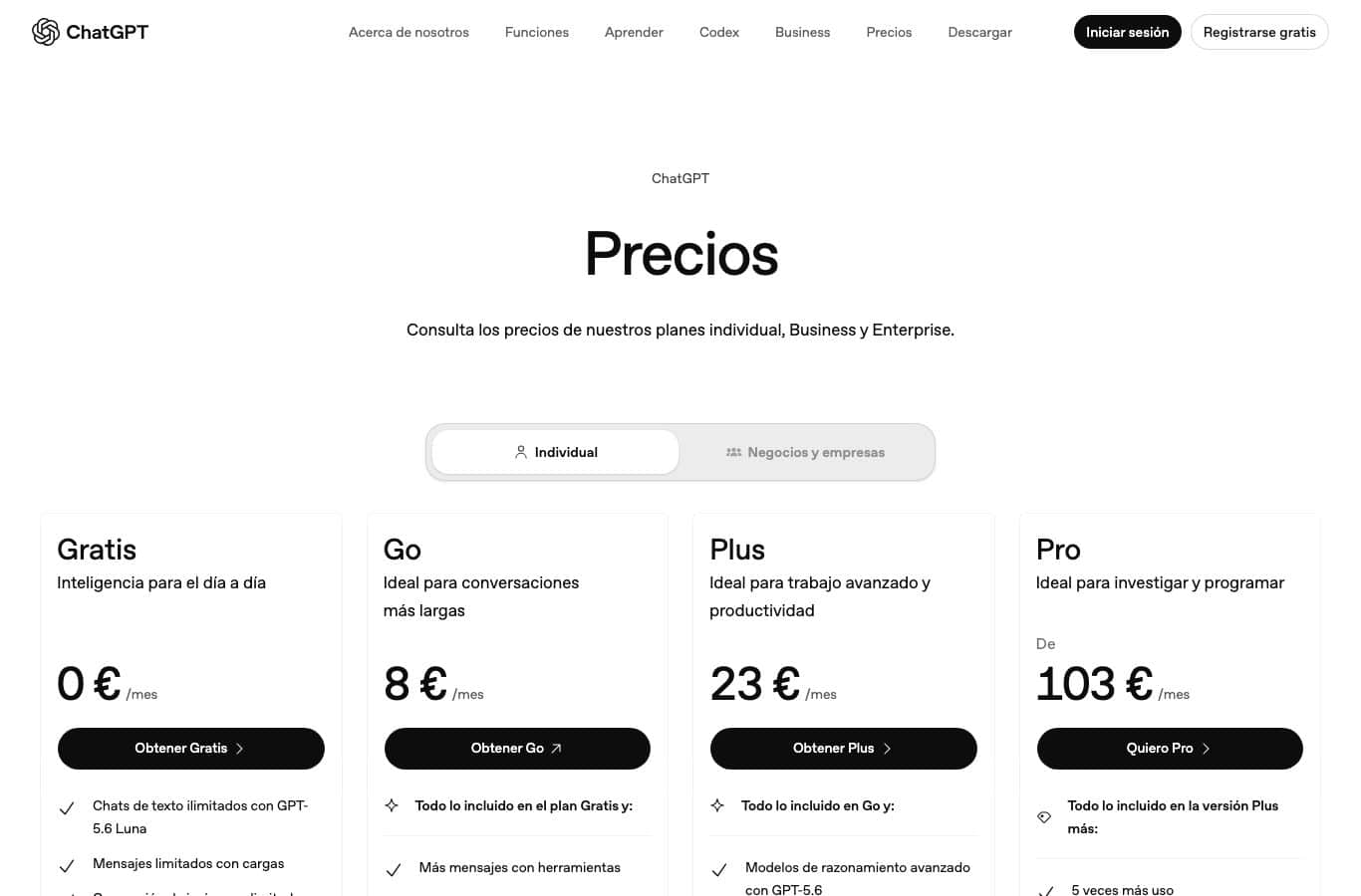 Pagina de precios de ChatGPT: planes Gratis, Go, Plus y Pro, sin importes mostrados en nuestra medicion