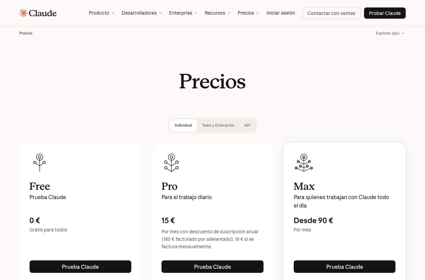 Pagina de precios de Claude: Free a 0 euros, Pro a 15 euros al mes con suscripcion anual y Max desde 90 euros