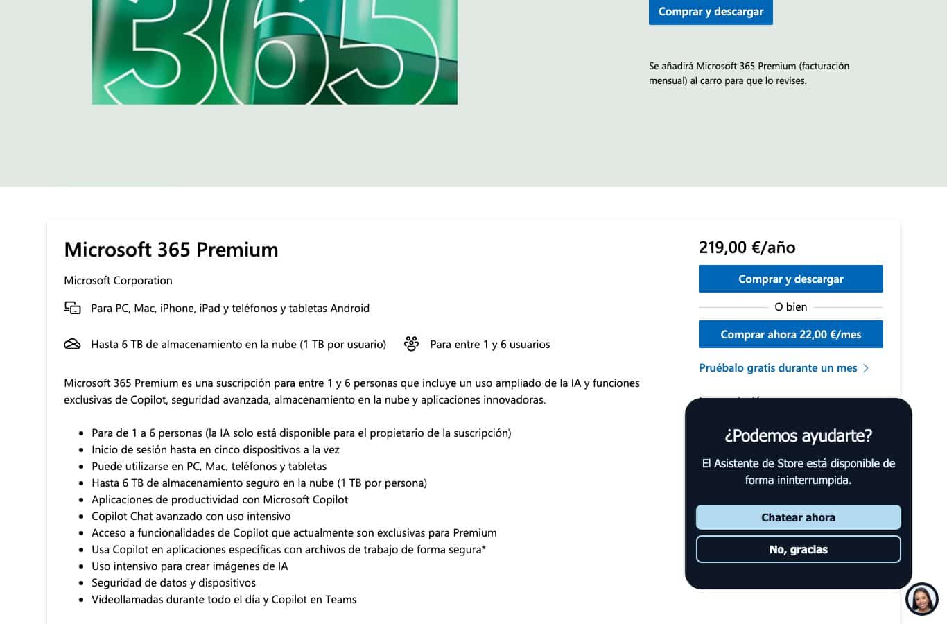 Pagina oficial de Microsoft 365 Premium: 219 euros al ano o 22 euros al mes, con un mes de prueba gratis