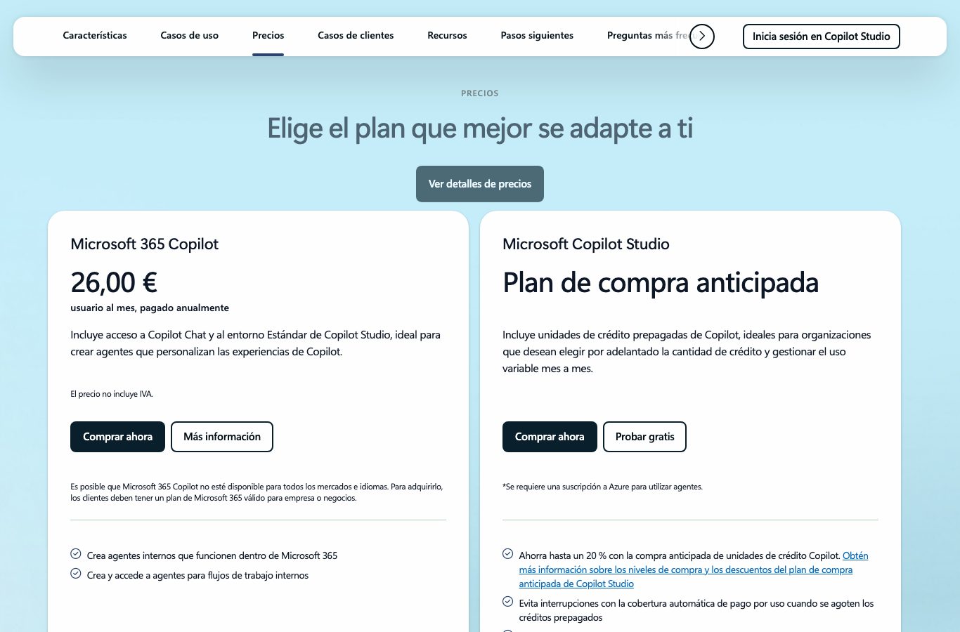 Pagina oficial de Copilot Studio: oferta Microsoft 365 Copilot a 26 euros por usuario y mes, pago anual