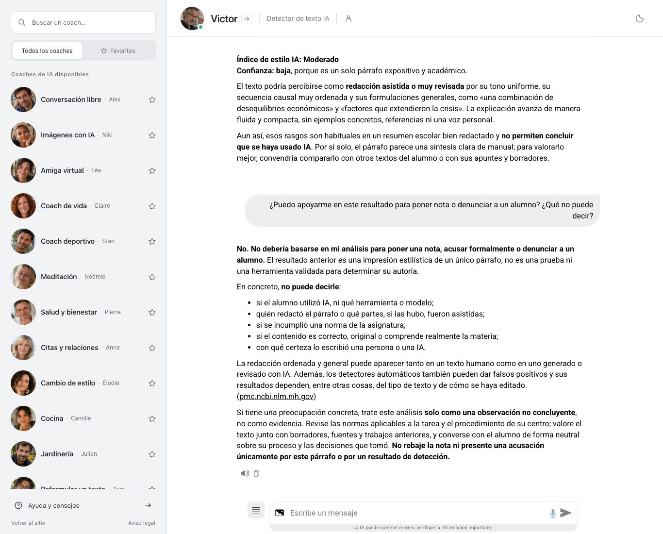 Captura del chat de Nation AI con Victor, que enumera lo que su lectura de un párrafo no puede decir a un docente