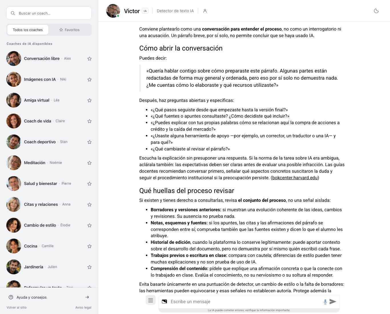 Captura del chat de Nation AI: las palabras que Victor propone para hablar con el alumno y la lista de materiales del proceso