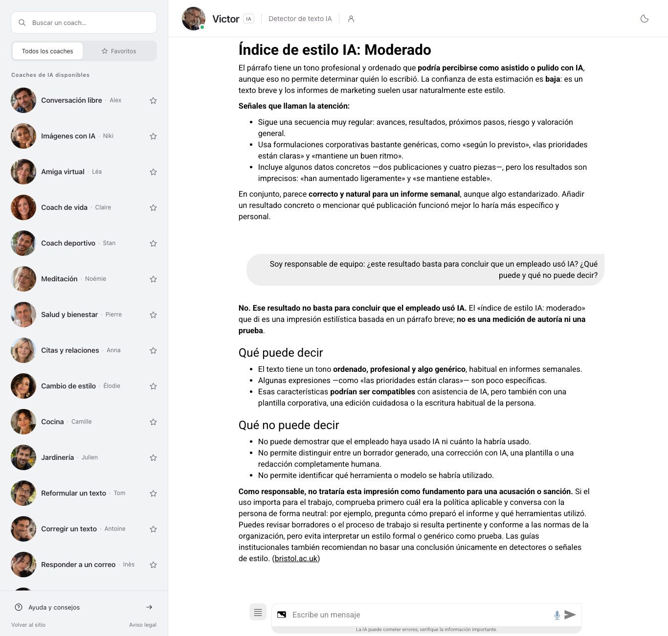 Captura del chat de Nation AI con Victor: preguntado si un nivel moderado permite concluir algo sobre quién escribió un texto, responde que no y enumera lo que el resultado no puede decir.