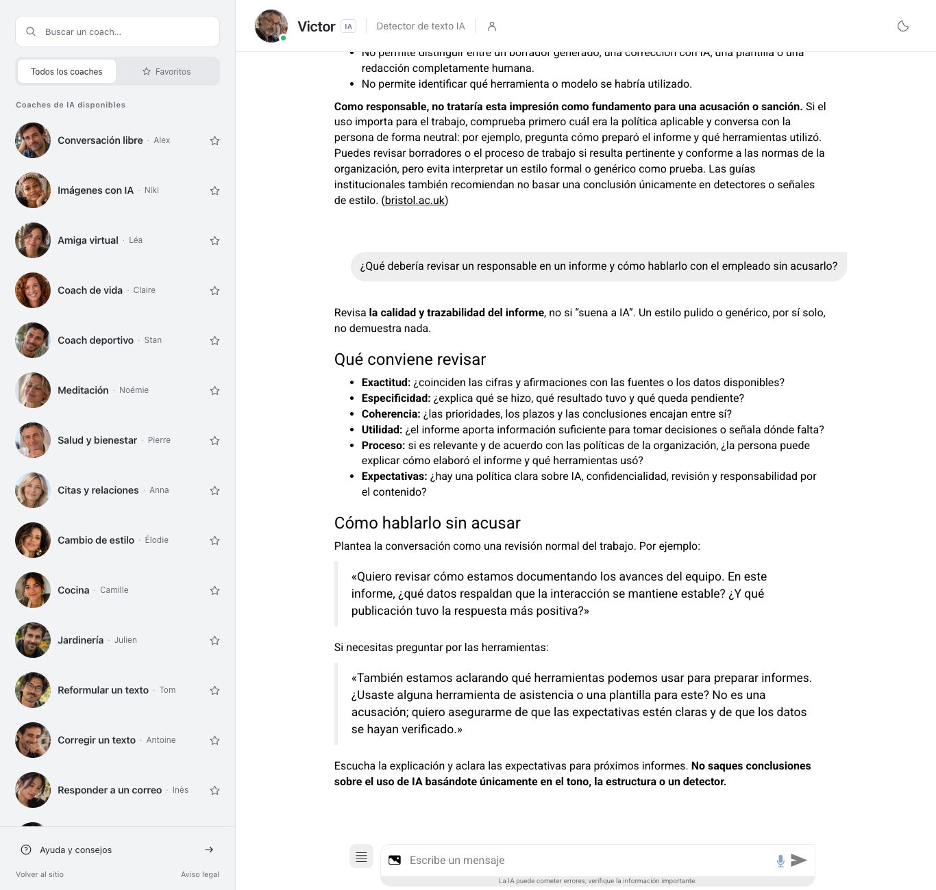 Captura de la respuesta de Victor con lo que conviene revisar en un informe de avance: exactitud, especificidad, coherencia, utilidad y expectativas.