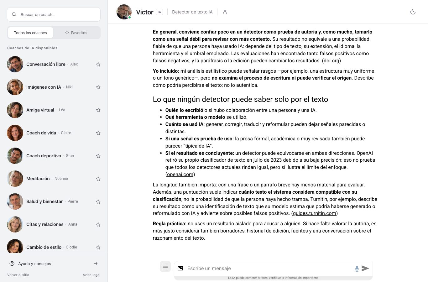 Captura del chat de Nation AI: la pregunta sobre la fiabilidad de los detectores y la respuesta de Victor.