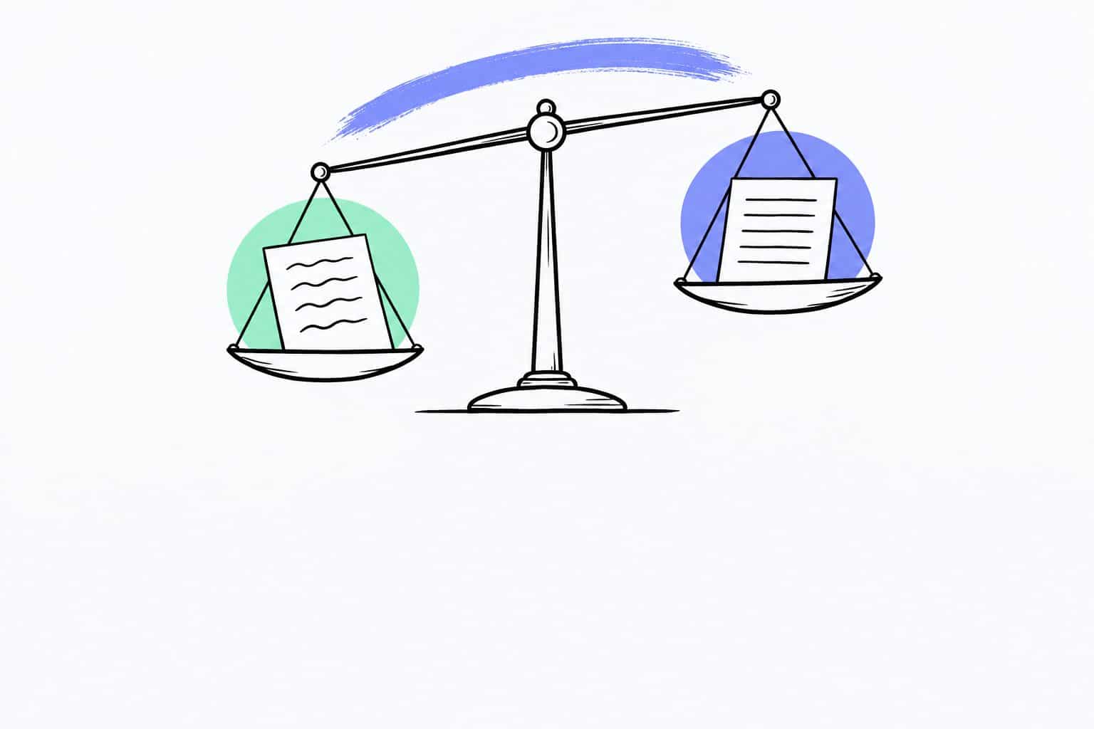 a flat editorial illustration, centered front view of a simple balance scale drawn in black monoline ink in the upper half of the frame: on the left pan a handwritten page of blank wavy lines on a mint disc, on the right pan a printed page of blank straight lines on a periwinkle disc, the beam slightly tilted, a periwinkle brush stroke arcing above; the lower half is calm empty white space