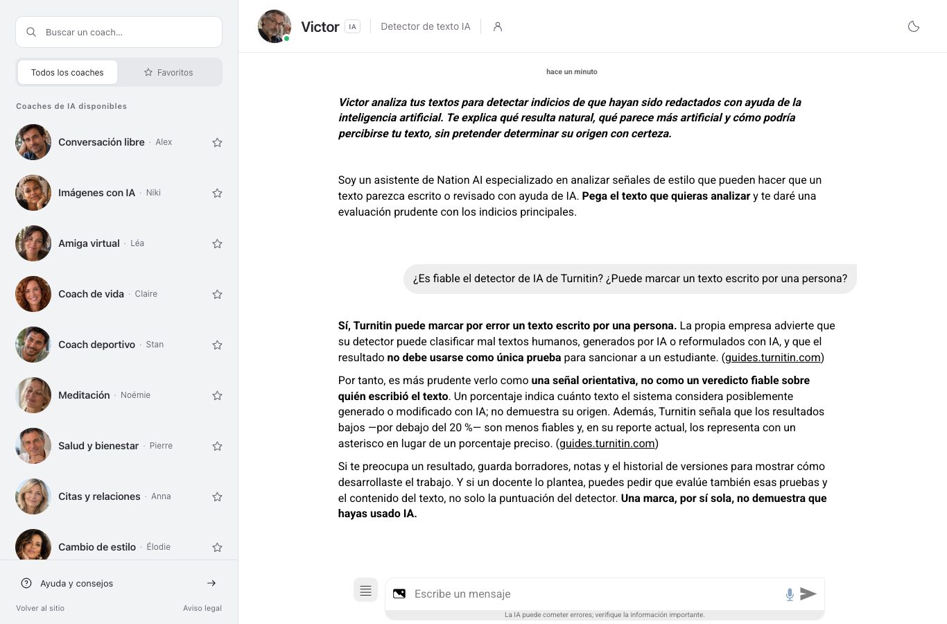 El chat de Nation AI con Victor: cabecera, lista de asistentes y el inicio de su respuesta sobre Turnitin.