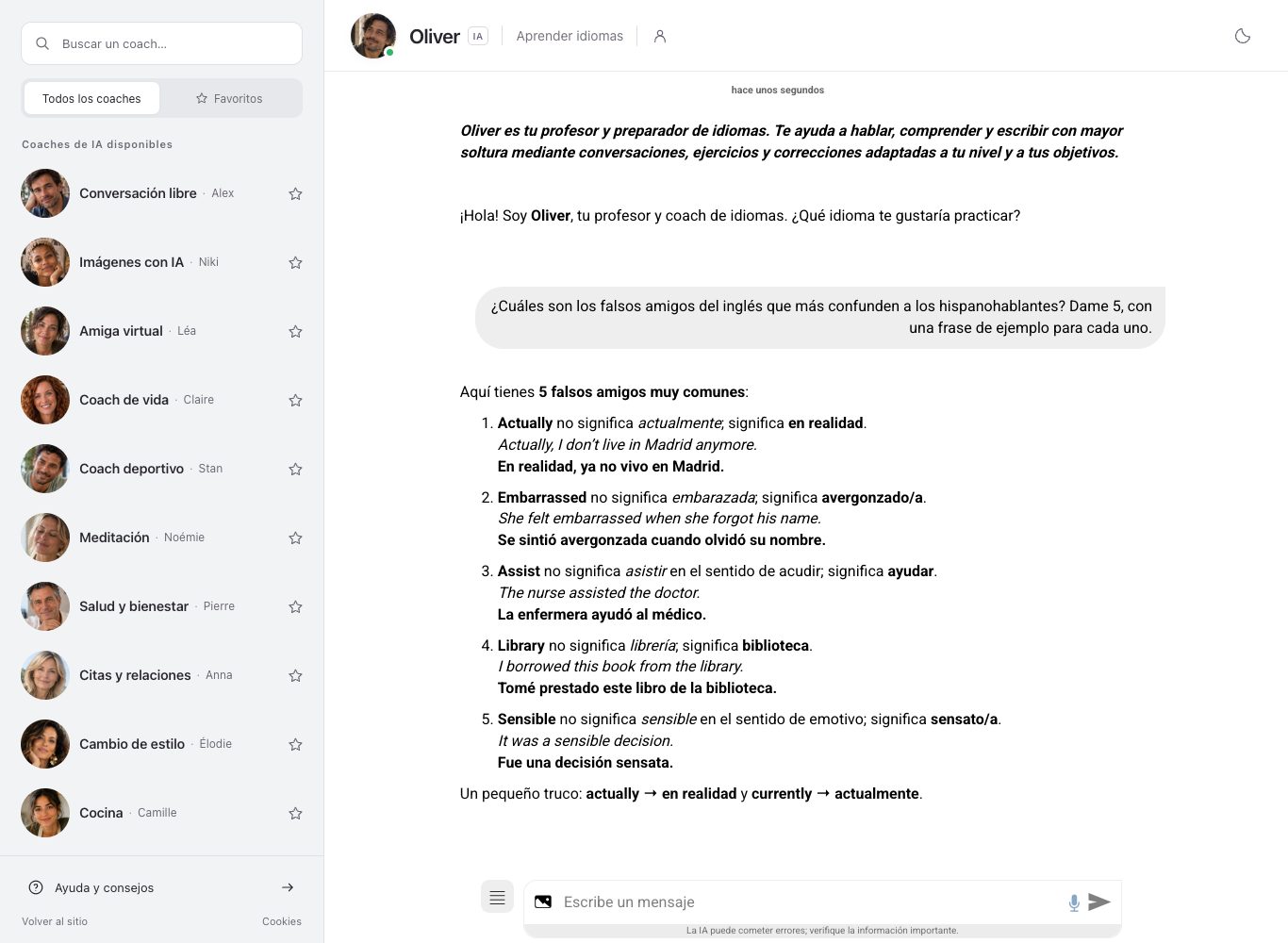 Captura de la conversación con Oliver: cinco falsos amigos del inglés, cada uno con su significado y una frase de ejemplo traducida al español