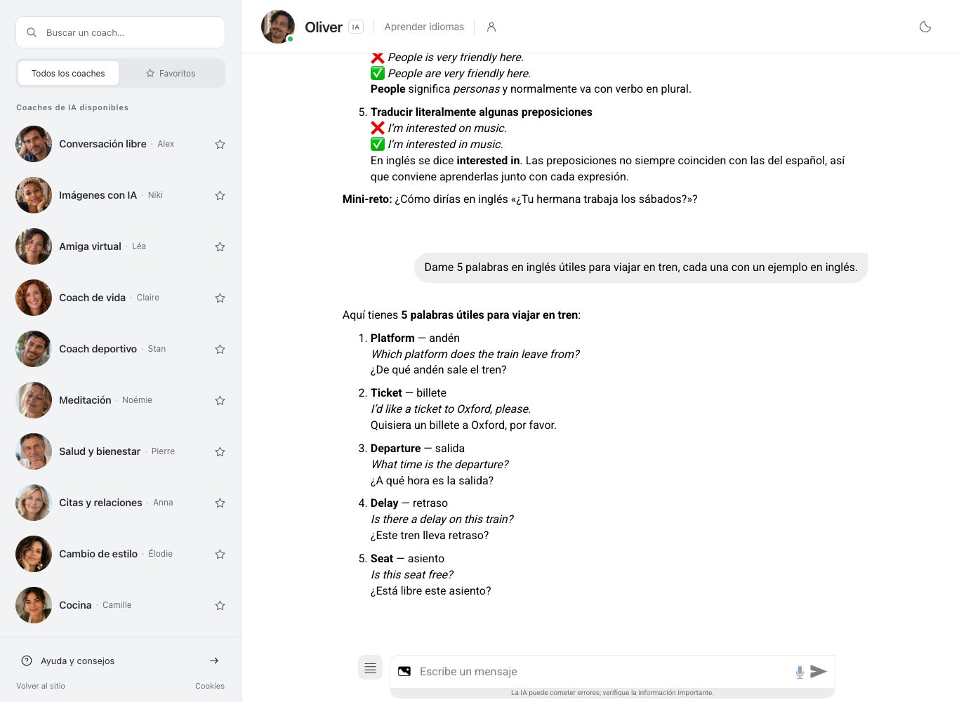 Captura de la conversación con Oliver: cinco palabras en inglés para viajar en tren, cada una con un ejemplo y su traducción al español