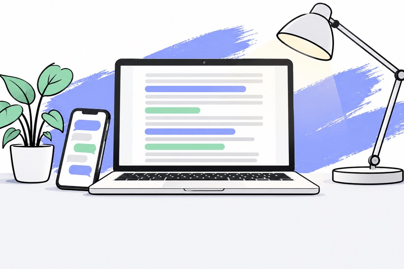 Un ordinateur portable ouvert vu de face sur un bureau clair, son écran montrant un document aux lignes grises dont certaines sont surlignées en bleu parme et en vert menthe, une lampe de bureau penchée au-dessus de lui, un smartphone aux bulles de conversation vides appuyé contre le clavier, une petite plante en pot et un coup de pinceau bleu parme en arrière-plan, la partie basse de l'image restant vide en gris clair.