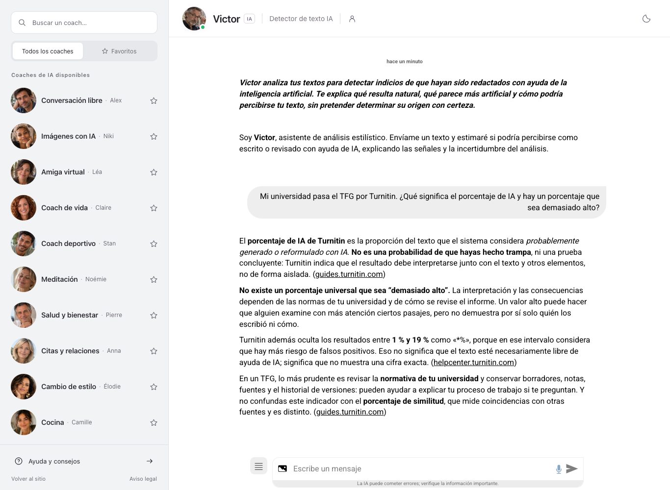 Captura de pantalla del chat de nation.es: Victor, coach detector de textos con IA, explica el porcentaje de IA de Turnitin y la ausencia de un umbral, interfaz completa.