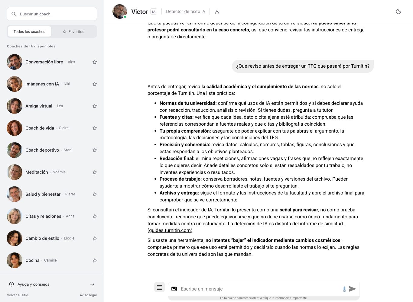 Captura de pantalla del chat de nation.es: Victor, coach detector de textos con IA, despliega su lista de comprobación antes de una entrega, interfaz completa.